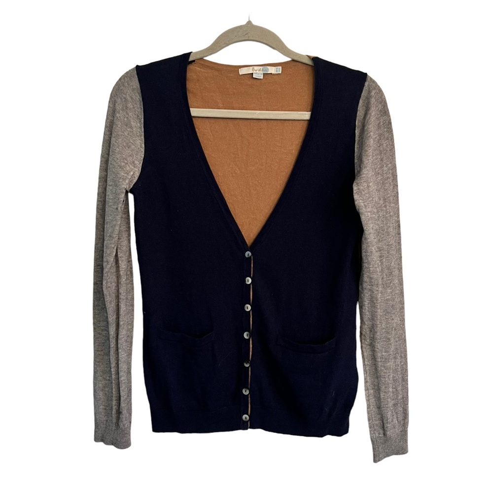 Boden Two-Tone Navy, Gray & Camel V-Neck Cardigan